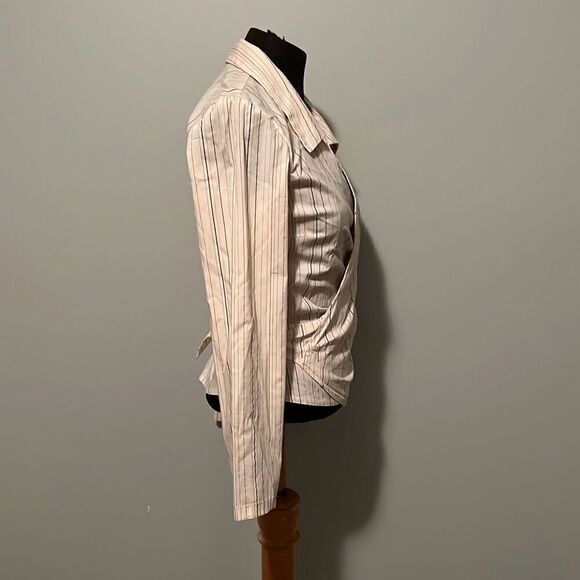 LOB Collection Women's Cream Long Sleeve Striped Wrap Blouse Size Medium - Picture 6 of 10